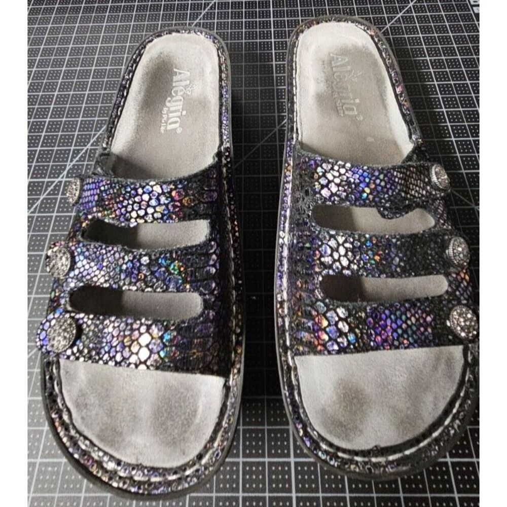 Alegria metallic animal print leather upper slide sandals‎ wedge 38/US8-8.5